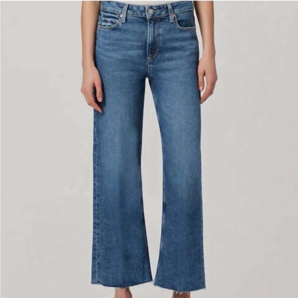 PAIGE Leenah Ankle Wide-Leg Jeans with Raw Hem 27
